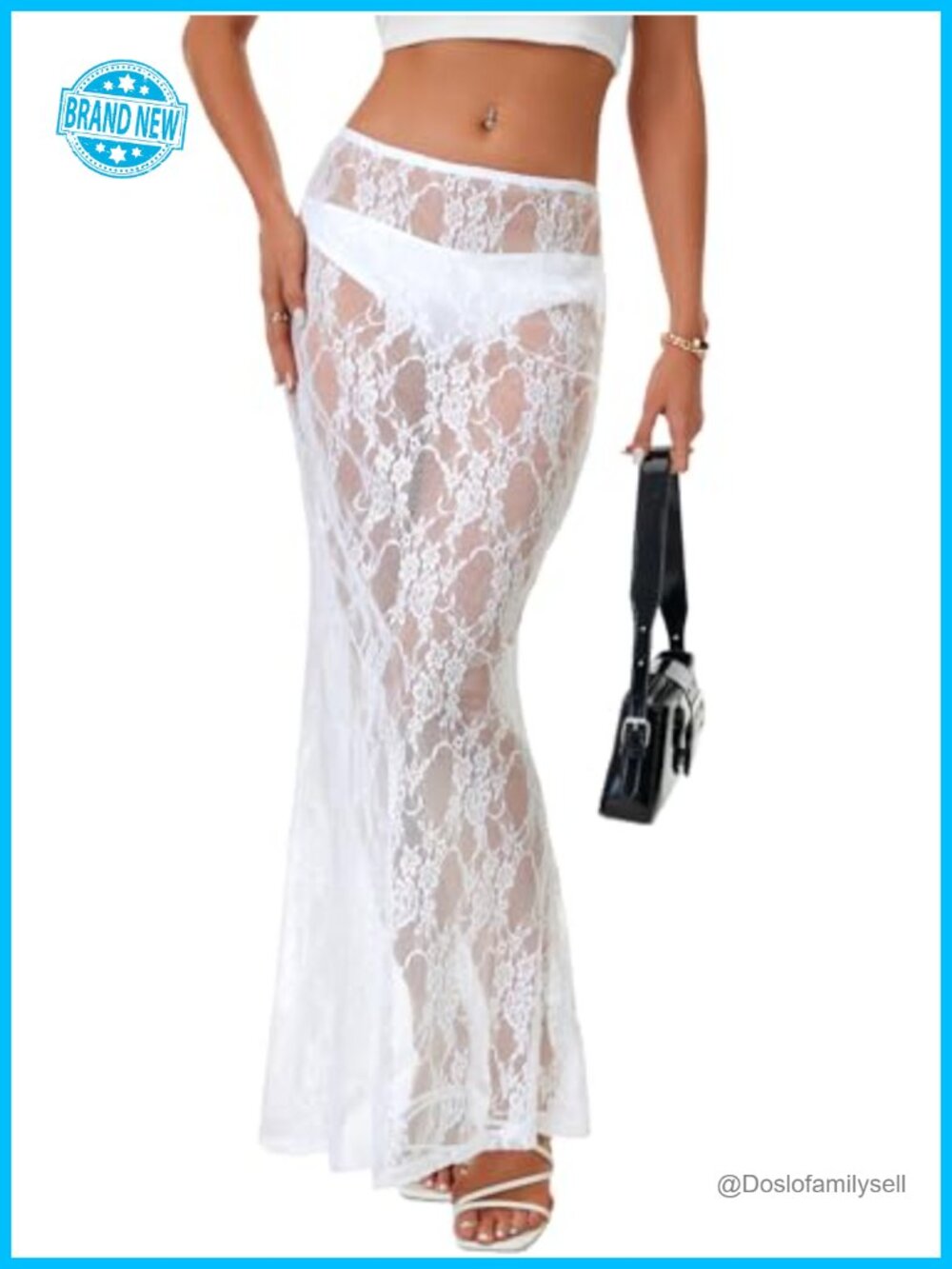 Sheer Lace A-Line Maxi Skirt High Rise Flowy Beach Coverup